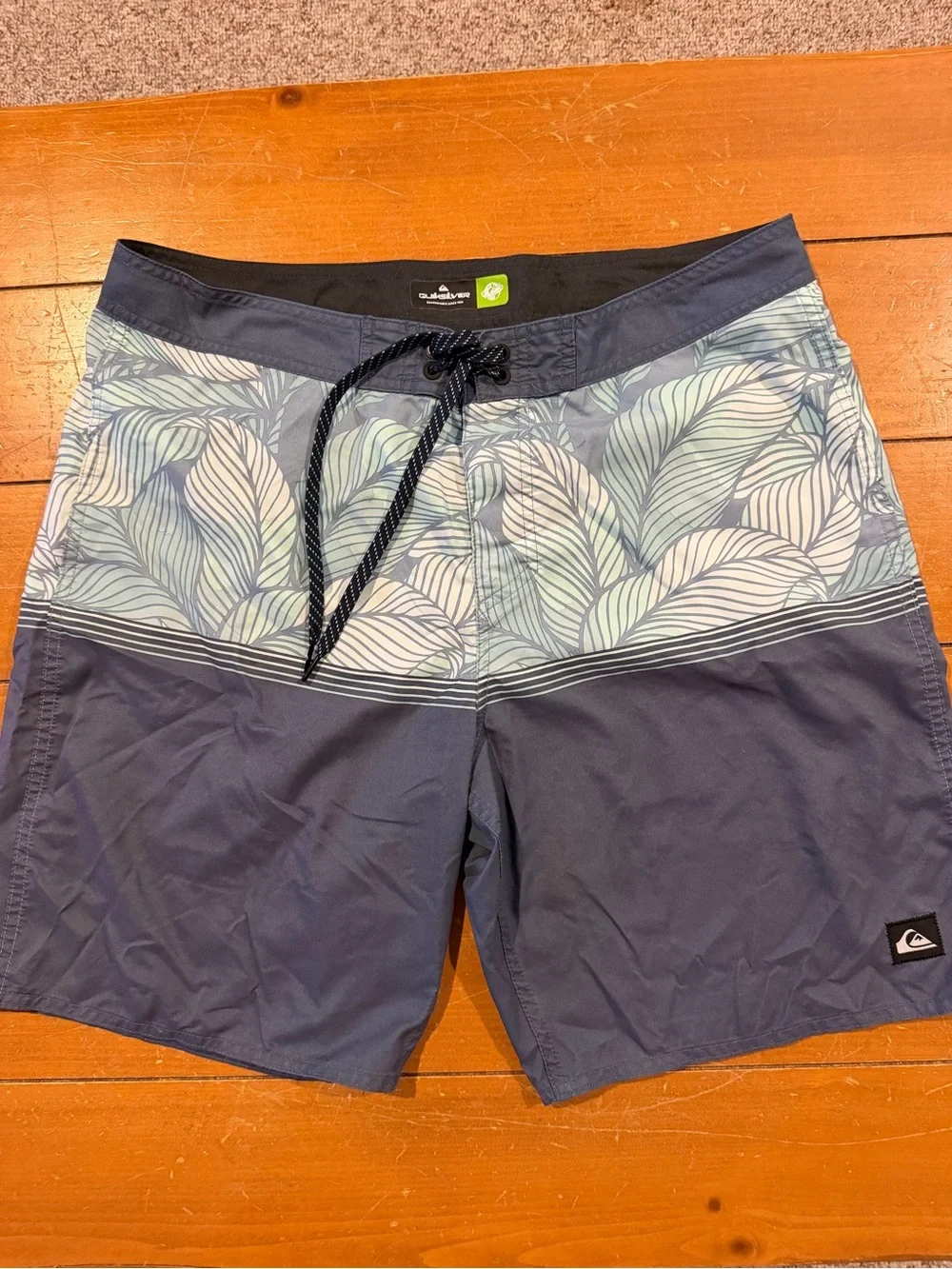 Quiksilver Men’s Navy Blue and Light Teal Leaf-Print Board Shorts